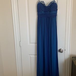 Royal blue strapless long evening dress with rhinestone
